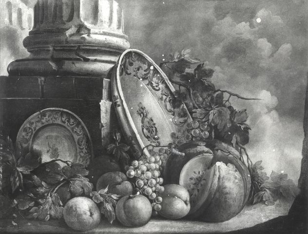C.N.B. — Lavagna Francesco (?) - sec. XVIII - Natura morta con frutta, piatti dipinti e frammenti architettonici — insieme